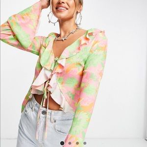Ruffle Tie Front Floral Blouse